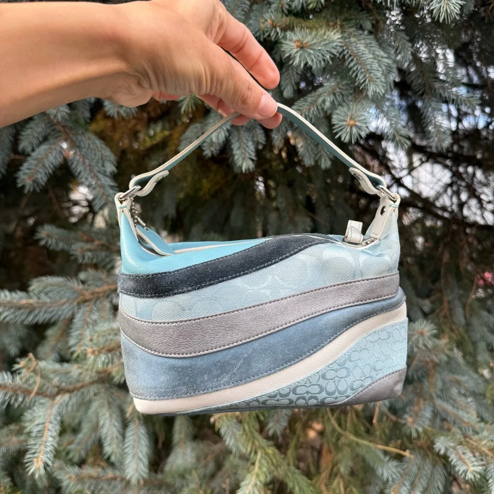 *RARE* Coach Denim Wave Patchwork Demi Bag Suede Light Blue Handbag Y2K - Picture 5 of 8